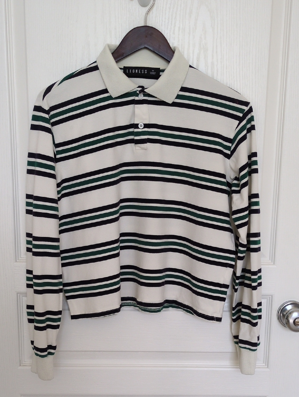 Lioness Cream Polo Top with Navy & Green Stripes